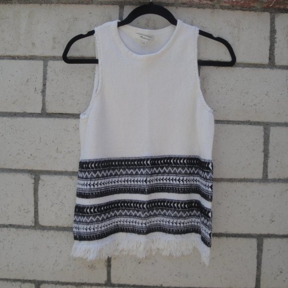 Madewell Top Women's Size Med Cream-Black Fringed Sleeveless Preppy - Picture 2 of 4
